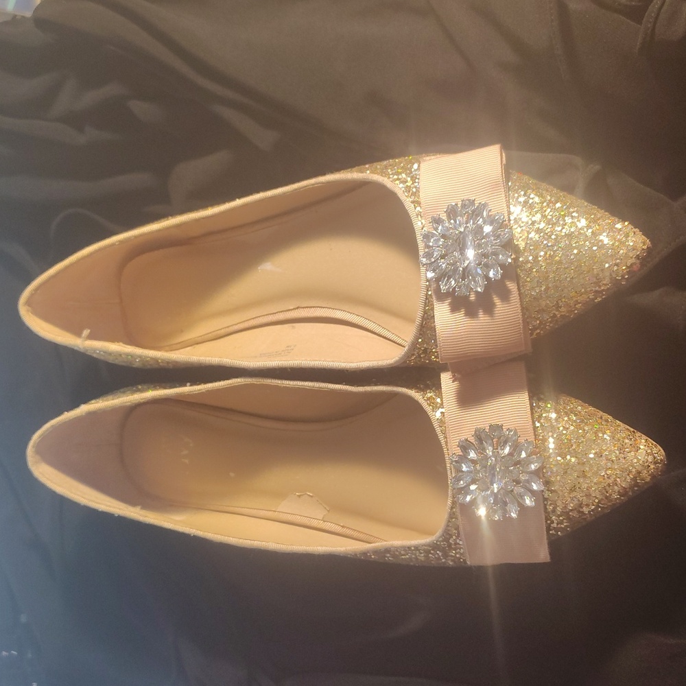 Crown & Ivy Gold Glitter Flats with Crystal Embellishment
